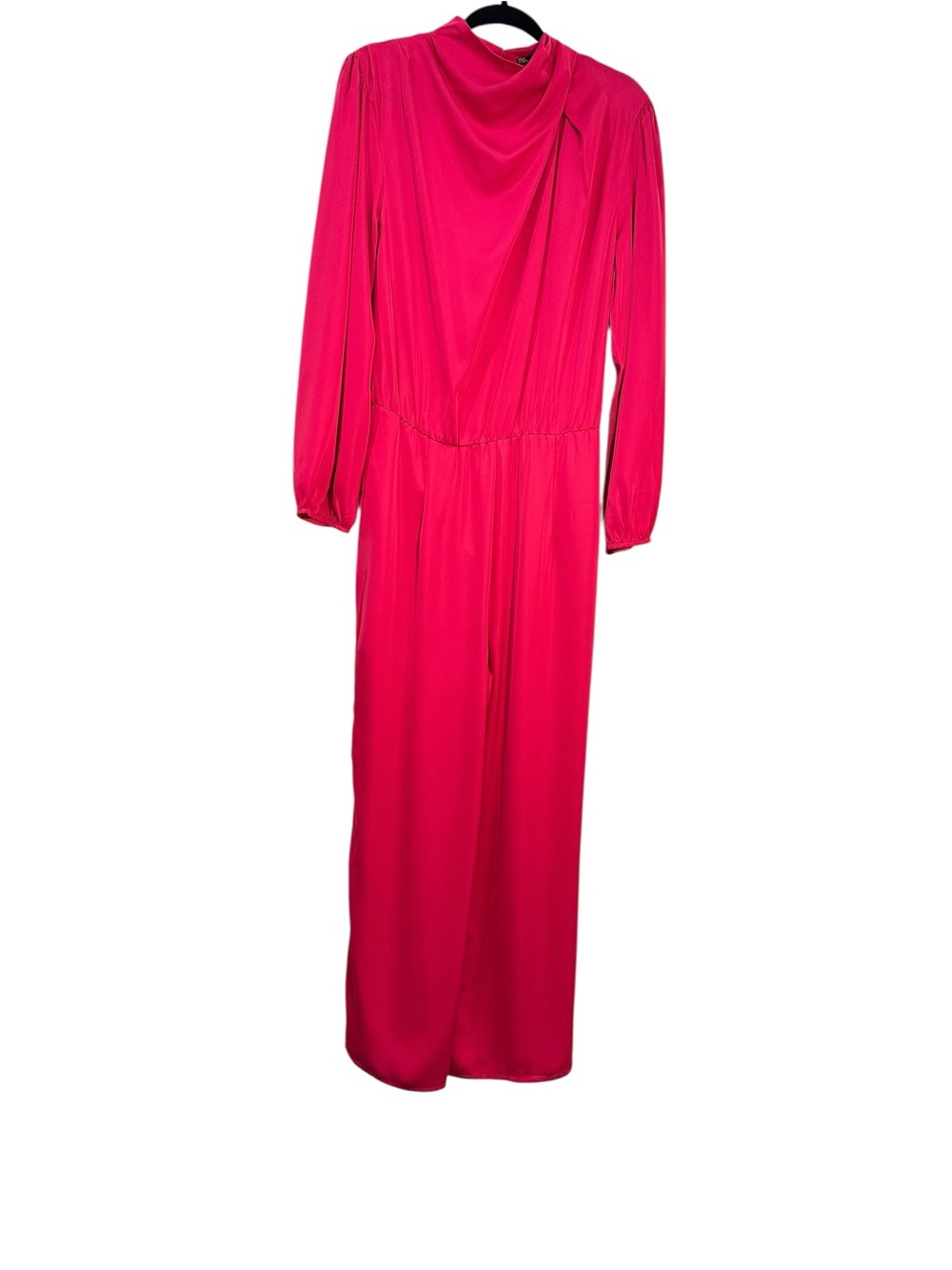 Fuchsia Satin Long-Sleeve Jumpsuit with Draped Neck - Picture 3 of 16